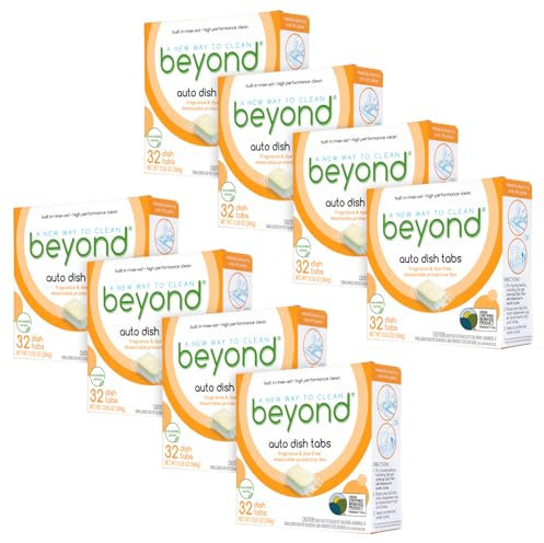 New! Beyond Natural Auto Dishwasher Tabs - USDA Certified 75% Biobased - Fragrance & Dye Free Dishwasher Detergent Tablets with Built-in Rinse-Aid. One Case of 8-32 Count Boxes.
