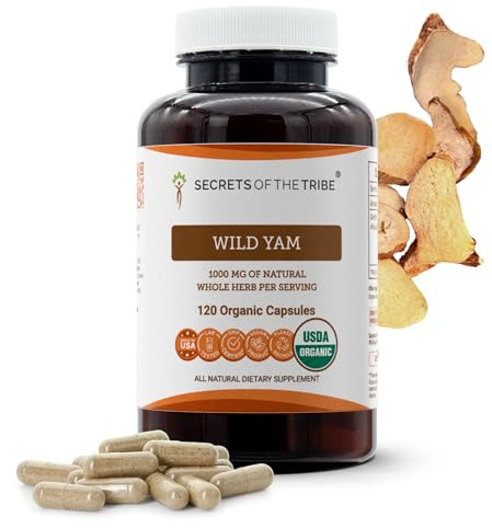 Secrets of the Tribe Wild Yam Capsules 1000 mg Responsibly farmed USDA Organic Wild Yam (Dioscorea Villosa) Dried Root, Hormone Support Supplement (120 Capsules)