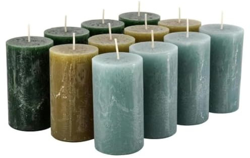 Rustikale Stumpenkerzen – 12 Kerzen - Wachskerzen/Rustickerzen/Adventskerzen Weihnachten (Green Festive-Mix, Standard: Höhe 11cm / Ø 6cm)