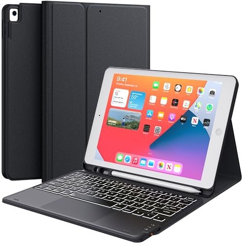 Earto iPad 9th Generation Case with Keyboard, 7 Color Backlit, Multi-Touch Trackpad, Built-in Pencil Holder, 2 Bluetooth Channels, Flip Stand Keyboard Case for iPad 9th/8th/7th Gen 10.2”, Black