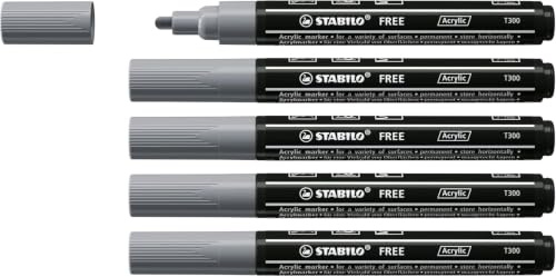 STABILO - Acrylmarker - FREE Acrylic - T300 Rundspitze 2-3mm - 5er Pack - dunkelgrau | Packung mit 5 Stück, Dunkelgrau