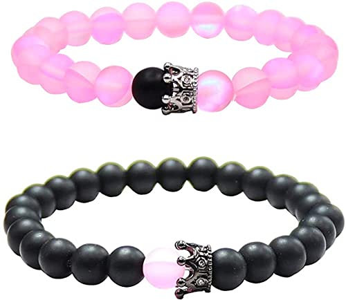 UEUC Armband mit CZ Kronen König und Königin schwarz Matte und weiß Howlite 8 mm Beads Armband(#76)