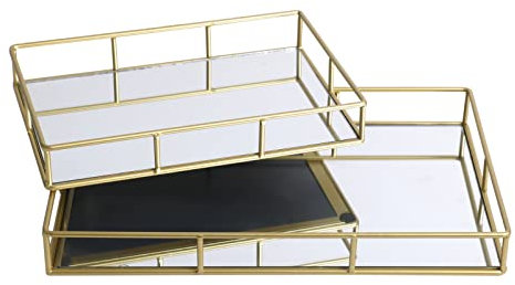 Fornord Mirror Tray Gold Decorative Mirrored Glass Tray Metal Perfume Vanity Dresser Tray Jewellery Cosmetics Organiser Candle Tealight Plate Display Tray Drinks Tray, Set Of 2 (Rectangle)