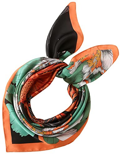 FOX-TECH Bandana Damen Kopftuch Quadrates Bedrucktes Halstuch Satin Seidentuch Schal 90 x 90 cm (Pfingstrose Koi)