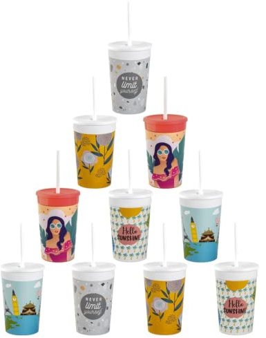Engelland 10 x Kunststoffbecher mit Deckel und Strohhalm, BPA-frei, Bunte Mischung, Trinkbecher, Party-Becher, Plastik, Trink-Gläser, Mehrweg 0,33l