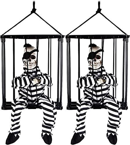 BENGZAN Halloween Dekorationen mit Bewegungsmelder Leuchtende Augen Skelett Geist Gefangenen Käfig Spukhaus Dekoration Skelett Geist Dekoration