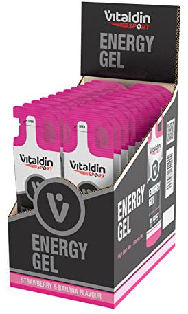 VITALDIN SPORT Energy Gel – 24 Gel x 40 gr – Gel Énergétique Goût Fraise & Banane avec Vitamine B6 (Sans Caféine) – Énergie Immédiate et Soutenue – Running, Cyclisme & Sports d'endurance