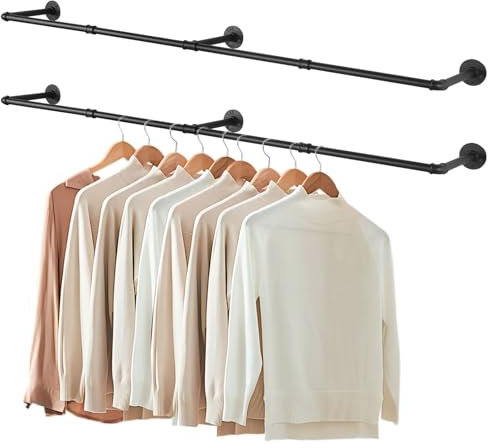 Yawinhe Industrierohr Kleiderstangen,180cm Kleiderbügel für die Wand, Platzsparenders Wandregal Küchenregal mit 3 Basen, für Geschäft, Schwarz, 2-Pack, YMG004-2