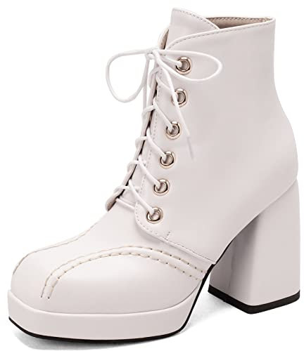 Cocey Stivali da combattimento punta quadrata con lacci tacco spesso stivali, bianco, 43 EU