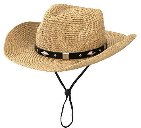 Sombrero de vaquero de paja para mujeres y hombres, sombrero de sol occidental de ala ancha cinturón de verano sombreros de vaquera, Caqui con cinturón de remache, Talla única