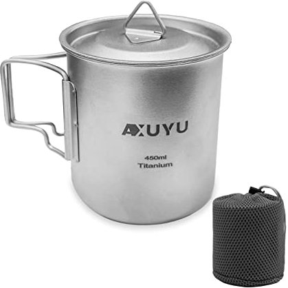 AXUYU Tasse à café en titane de 450 ml avec couvercle et poignée pliable pour camping, randonnée, randonnée