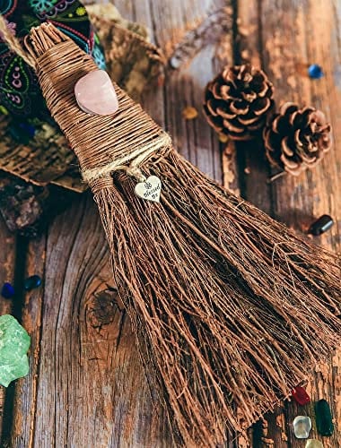 Witches Protection Besom Pink Crystal Handmade Wicca Ritual Broom for Pagan Altar Besom,Witchy Decor,Majic Ceremonial,Halloween Décor