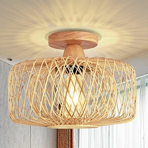 FRIDEKO HOME Deckenleuchte Vintage Bambus - Deckenlampe Holz Lampenschirm Hängelampe E27 Lampenfassung Boho Rattan Lampe Ø30cm Hängeleuchte für Küche Flur Wohnzimmer Schlafzimmer Esszimmer
