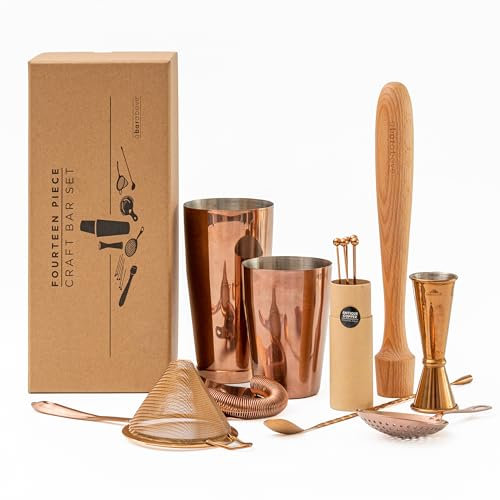 A BAR ABOVE Lot de 14 accessoires de bar en cuivre antique - Accessoires de bar pour la maison - Kit de barman avec shaker Boston, doseur, pilon, cuillère, passoires et pics - Ensemble de barman