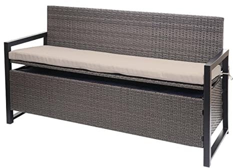 Mendler Poly-Rattan 3er Sitzbank HWC-F39AM, Gartenbank Truhenbank, Staufach Aufbewahrung Sitzkissen - grau-meliert, Kissen beige