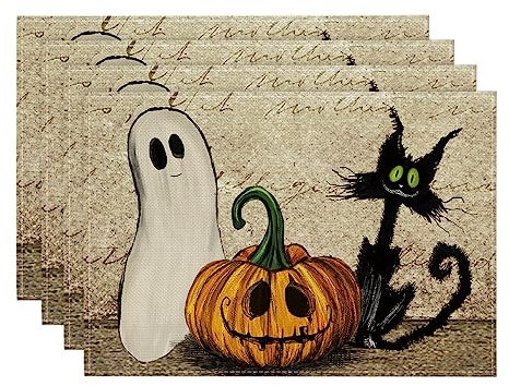 Artoid Mode Katze Geist Jack-O-Laterne Halloween Platzsets 4er Set, 30x45cm Urlaub Tischsets Waschbar Platzdeckchen Küche Party Deko