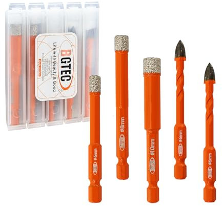 BGTEC Foret Diamant Sec - Foret pour Carrelage 6/6/8/10mm avec Tige Hexagonale à Changement Rapide et Foret en Carbure de 6mm pour le Granit, Marbre, Porcelaine et Céramique,5pcs