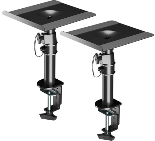 suptek Clamp-on Speaker Stand Desk Mount Set, 9.6 x 8.8 inch Trays, Height Adjustment and Tilt, Universal Audio Holders for Computer and Bookshelf Speakers, Elevated Sound, 2 Pack, Black, SDM001B