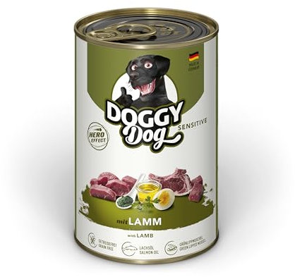 DOGGY Dog Paté Lamm Sensitive, 6 x 400 g, Nassfutter für Hunde, getreidefreies Hundefutter mit Lachsöl und Grünlippmuschel, besonders gut verträgliches Alleinfuttermittel, Made in Germany