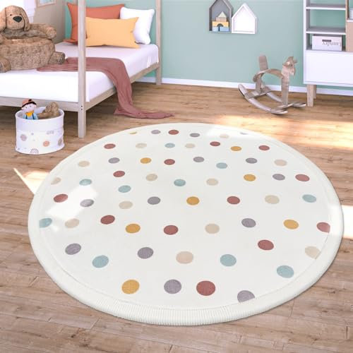 TT Home Waschbarer Teppich Krabbelmatte Babyzimmer Kinder rutschfest Flauschig Punkte, Farbe:Blau Gelb Creme, Größe:120 cm Rund
