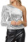 Allegra K Damen Glitzer Pailletten Top One Shoulder Puff Langarm Schimmer Tops Silber XS