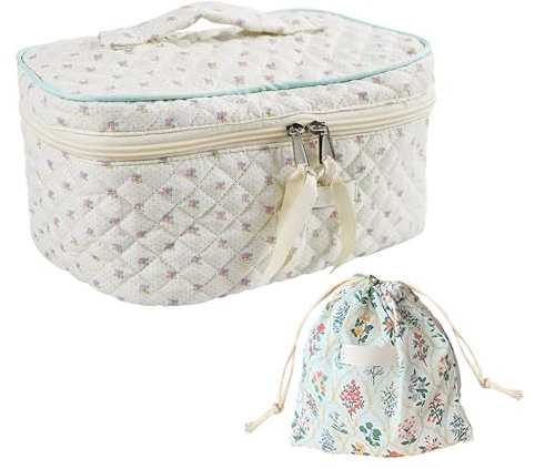 1 trousse de toilette beige à fleurs avec 1 sac à cordon de serrage à fleurs pour femme, sac à cosmétiques matelassé pour femme, trousse à cosmétiques florale, trousse de maquillage de voyage, beige,