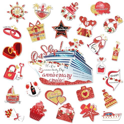 Rumia 26Pcs Anniversary Cruise Door Decorations Magnets Red Gold Refrigerator Magnet Happy Ship Magnetic Sticker Decals for Car Honeymoon Valentine Wedding Party Favors