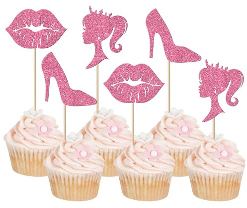 Xsstarmi 24 Pack Girl Birthday Cupcake Toppers Pink Glitter Princess Doll Head Lip High Heel Cupcake Picks Princess Girl Cake Decorations for Bridal Shower Birthday Party Decorations