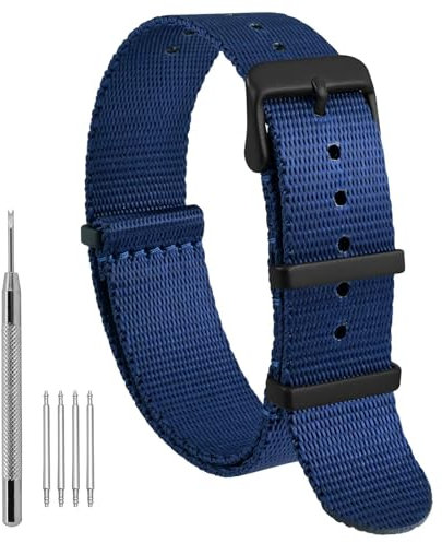 WOCCI 22mm Militär Nylon Uhrenarmband, Einteiliges Nylon Armband für Damen und Herren, Schwarze Schnalle (Blau)