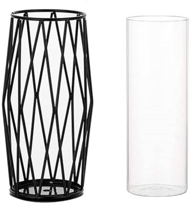 Vase Décoratif en Verre avec Support Métallique, Design Géométrique Élégantpour Centres de Table et Décoration Intérieure, pour Fleurs, Pampas et Plantes Hydroponiques - 28 cm, Noir