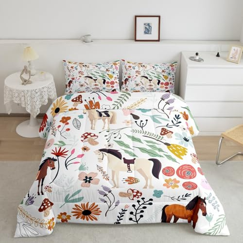 Erosebridal Western Horse Comforter Set Mushroom Floral Twin Bedding Sets for Boys,Cartoon Animal Quilt Watercolor Flowers Leaves Toddler Duvet Insert for Girls Kids Children,Cute Room Decor