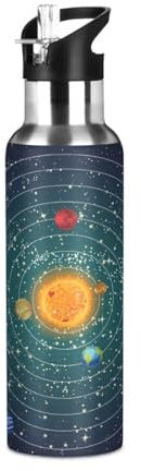 Universe - Borraccia termica in acciaio inox con motivo pianeti del sistema solare, per bambini, con coperchio con cannuccia, a prova di perdite, per ciclismo, corsa, passeggiate all'aperto, 590 ml