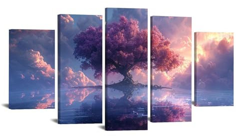 JOSUE 5 Pcs Tableau Arbre De Vie Coucher de soleil sur l’arbre rose Tableau Grand Format Sur Toile,Rose AO Moderne Tableau Decoration Murale Salon Chambre- 50x100cm Encadrée