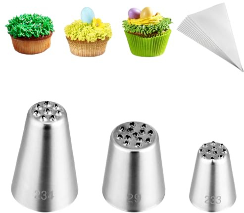 Kasmoire 3-teiliges Gras-Spritztüllen-Set, Edelstahl-Gras-Spritztüllen mit 10 Einweg-Spritzbeuteln, Kuchendekorationsspitzen zum Backen und Dekorieren