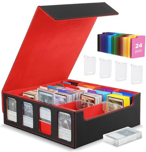 MoKo Kartenaufbewahrungsbox für Trading Cards, 3000+ MTG Deck Box mit 24 bunten Trennwänden & 4 Kartenhalterungen, Kartendeck-Hülle mit Sichtfenster, passend für Magic Game Cards, YugiOh, Schwarz/Rot