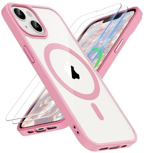 ORETECH for iPhone 13 Case, iPhone 14 Clear Case Magnetic Compatible with Magsafe and 2 x Screen Protector Anti Yellowing Ultra Slim Thin Shockproof Clear Back Phone Case Cover 6.1'' - Light Pink