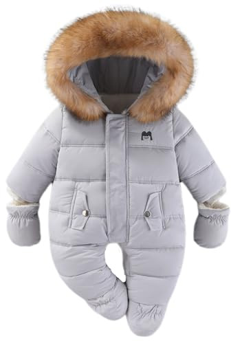 BRONG Baby Winter Schneeanzug Kleinkind Vlies Strampler mit Kapuze Jumpsuit Säugling Overall Jungen Mädchen Warm Reißverschluss Oberbekleidung mit Handschuhen
