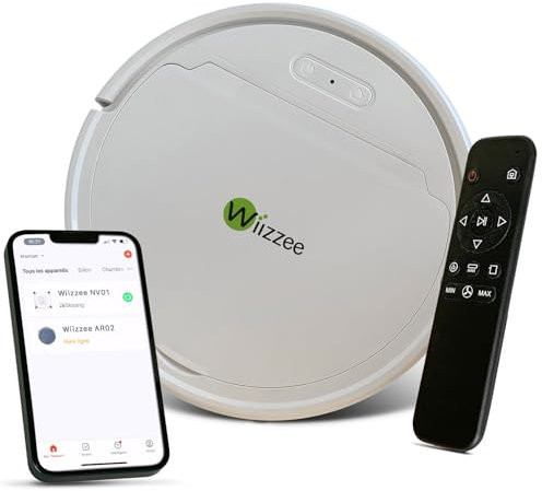 Wiizzee Aspirateur Robot AR02, Mince Silencieux Connecté WiFi avec Tuya, 5 Modes de Nettoyage, Auto-Charge, 90min d'Autonomie, Tout sols Lisse, Système de Navigation gyroscopique