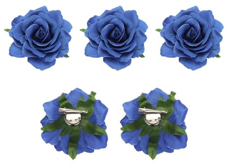 sourcing map 5 Pcs Rose Flower Hair Clips 4 Inch Flower Hair Pins Flower Brooch for Women Hair Accessories Blue