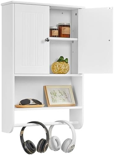 Soberine Mobiletto da Parete Bagno Cucina Salvaspazio 73 x 48,5 x 14 cm Armadietto con 2 Ante Ripiano Regolabile Asta Porta Asciugamani Bianco