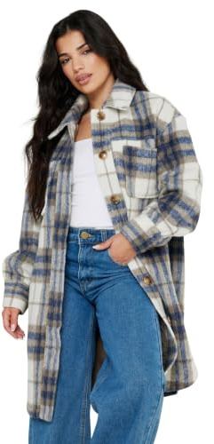 PixieGirl Petite Blue Blurred Check Print Longline Shacket Petite