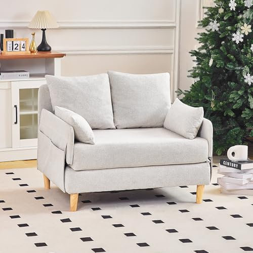 Roomark Sofá convertible, sofá cama de tela de lino, sofá cama de 2 plazas, cama nido con 4 almohadas, sofá plegable con función de dormir para habitaciones pequeñas (beige)