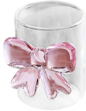 UIYIHIF 7 Oz Klarer Trinkglasbecher mit Rosa Schleife, Milchsaftbecher aus Klarem Glas ohne Griff, Niedliche Wassergläser für Eiskaffeegetränke, Kleiner Weinglasbecher für Mädchen,