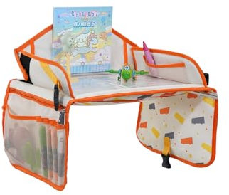 Jovikids Mesa Plegable para Niños, Bandeja de Coche, Almacenamiento, Juguete Educativo y Tablero Dibujo Borrable de Coche, Avión, Accesorios Viaje (Beige)