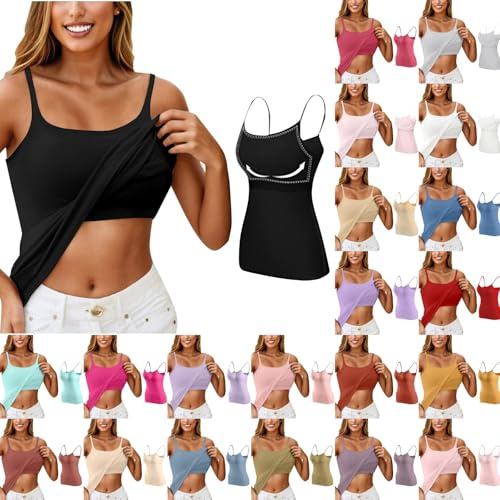 PAIDAXING Women's Cami Tops with Built in Bra Spaghetti Camisole with Shelf Bra Seemless Solid Color Adjustable Straps Undershirts Ladies Comfy Stretch Sleeveless Tank Tops Gym Yoga Vests