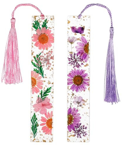 2 Stück Lesezeichen Trockenblumen Lesezeichen Quasten klare Blumen Lesezeichens Harz Getrocknete Blumen Handgemachte Blumenseitenmarkierung Trockenblumen für Leseliebhaber Studenten Lehrer(Lila Rosa)