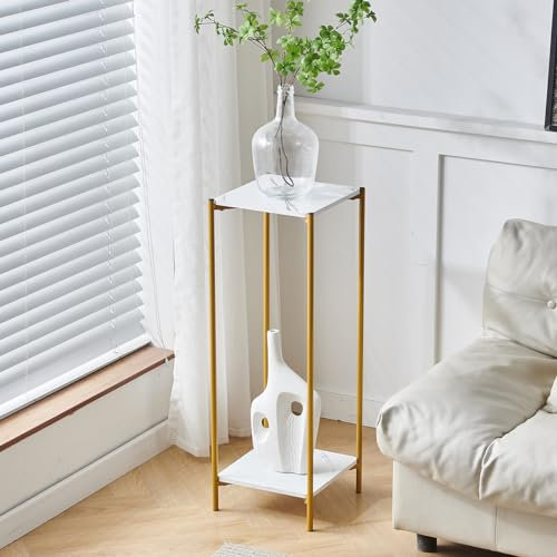 2-Tier Plant Stand, Tall Plant Pot Stand, Square Flower Display Stand with Gold Metal Frame, Indoor Decorative Flower Holder Shelf for Home Office, Living Room Corner Planter White Marble)