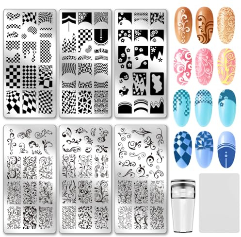 PH PandaHall 9 Stück Swirl French Nagelstempelplatten French Tip Nageldesigns Karomuster-Nagelbildplatten Swirl Floral Maniküre-Kunstschablone für Frauen Maniküre Salon Druckdesign