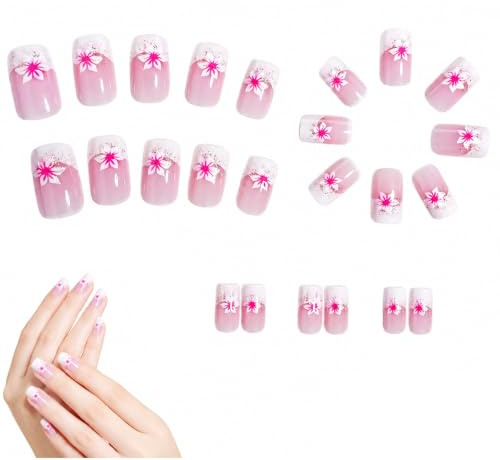 YEDOUALE Press On Nails Quadrati Corti 24 Pezzi Nude Rosa con Disegni Floreali Eleganti, Unghie finte autoadesive Resistenti per Donne e Ragazze, Ideali per Uso Quotidiano o Eventi Speciali