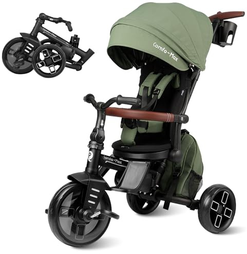 Qplay Comfo Max Evolutionäres Dreirad, 6-in-1, für Babys, 1 Jahr, faltbar, aus Aluminium, mit 360°-Sitz, neigbar und Verdeck, für Babys von 10 bis 72 Monaten (grün)
